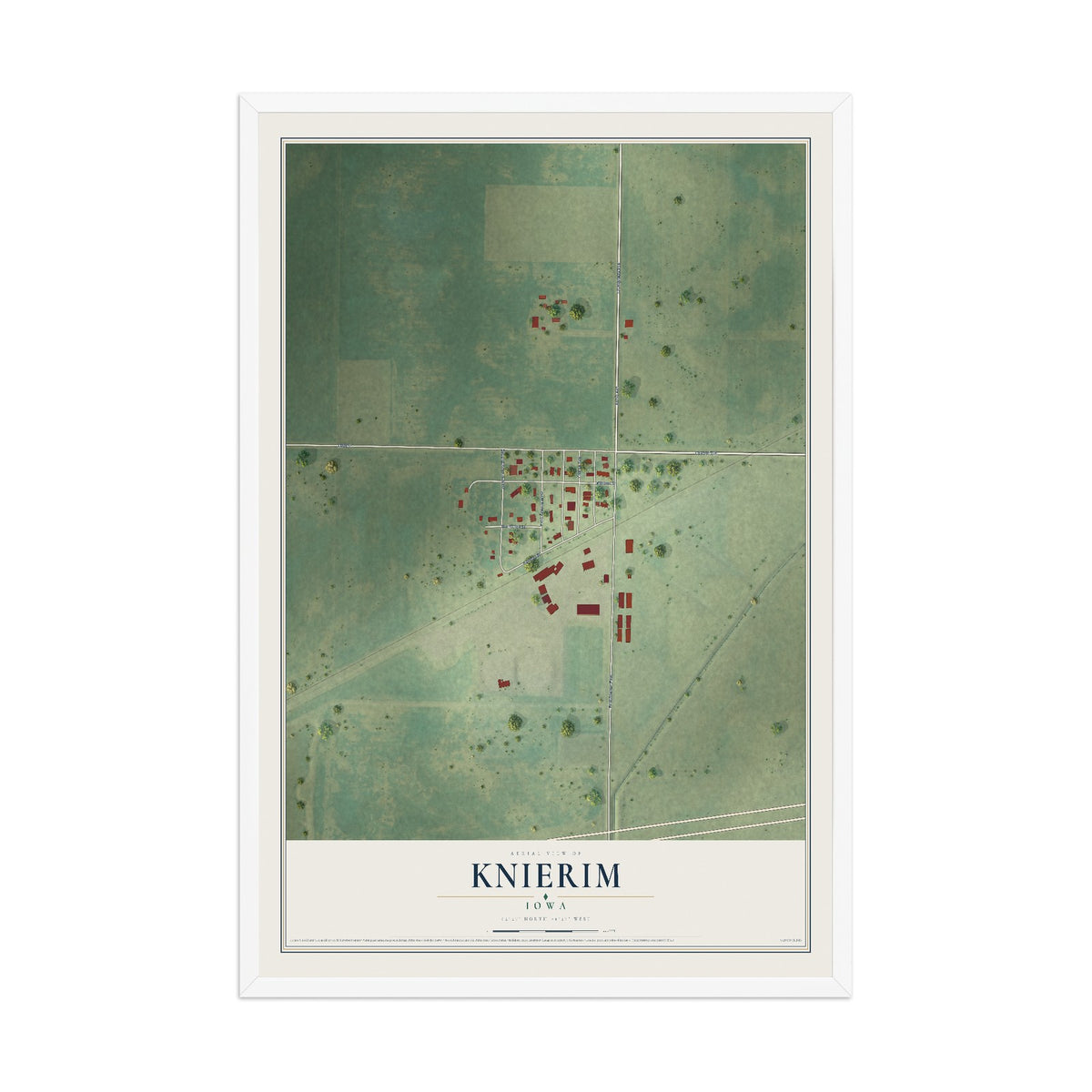 Map of Knierim, Iowa, 12 x 18 inch print in a white wood frame