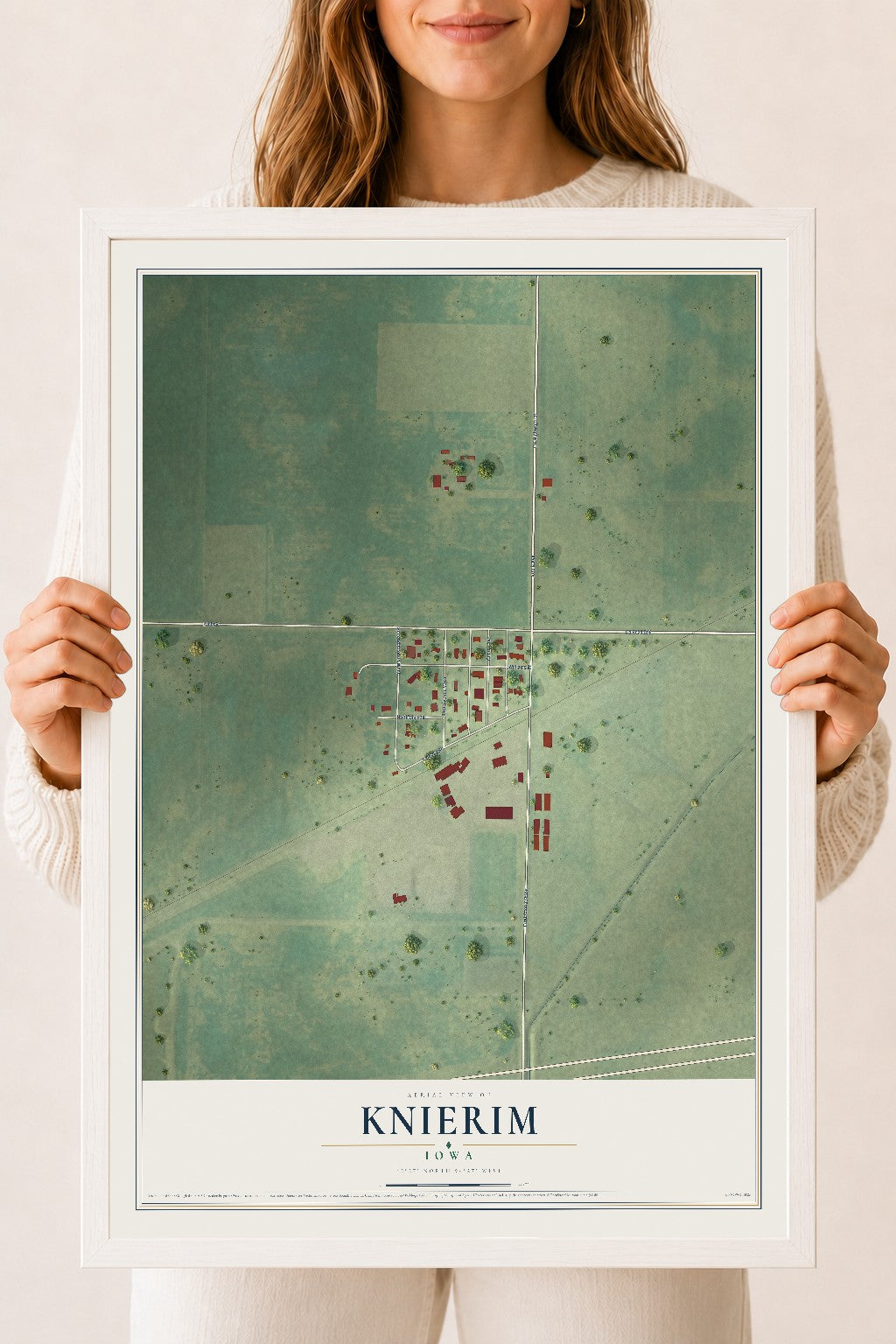 Map of Knierim, Iowa, 18 x 24 inch print in a white wood frame