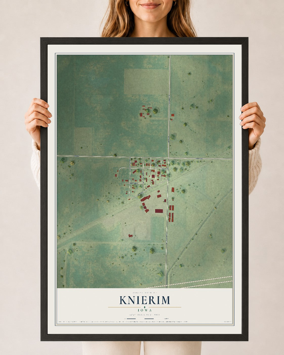 Map of Knierim, Iowa, 24 x 36 inch print in a black wood frame