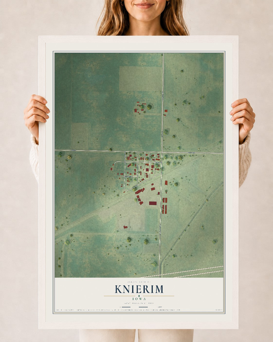 Map of Knierim, Iowa, 24 x 36 inch print in a white wood frame