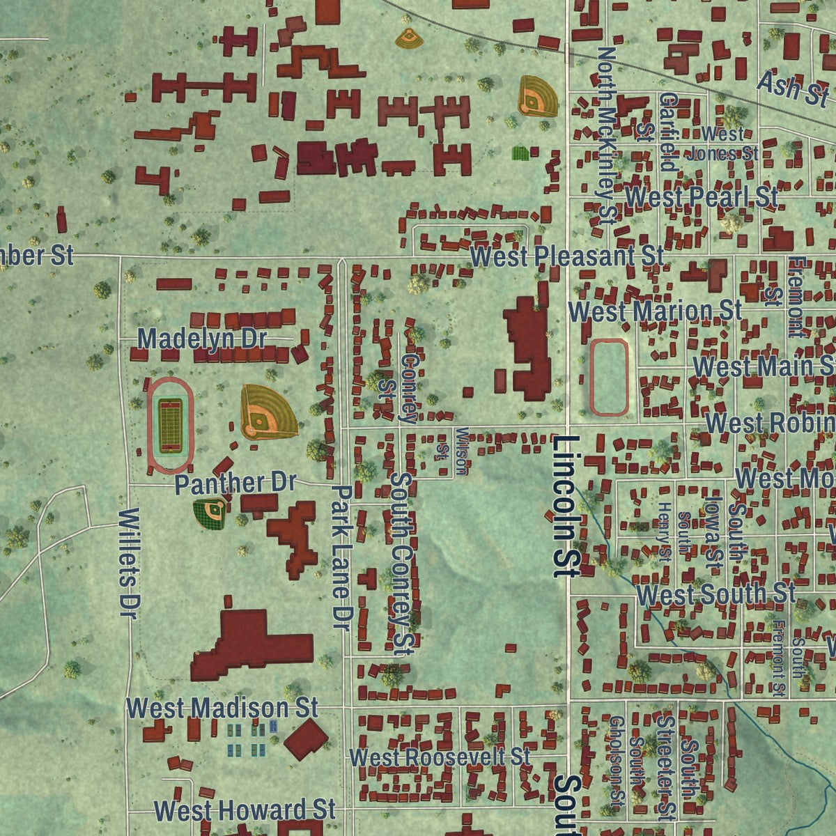 Close-up of the map of Knoxville, Iowa print showing street and building detail