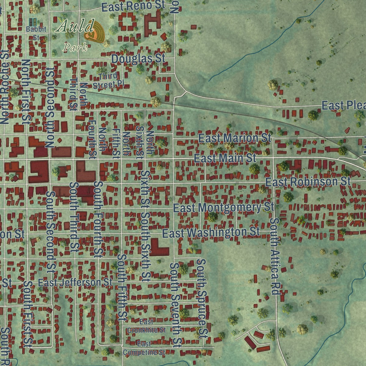 Second close-up of the map of Knoxville, Iowa print showing more streets and buildings