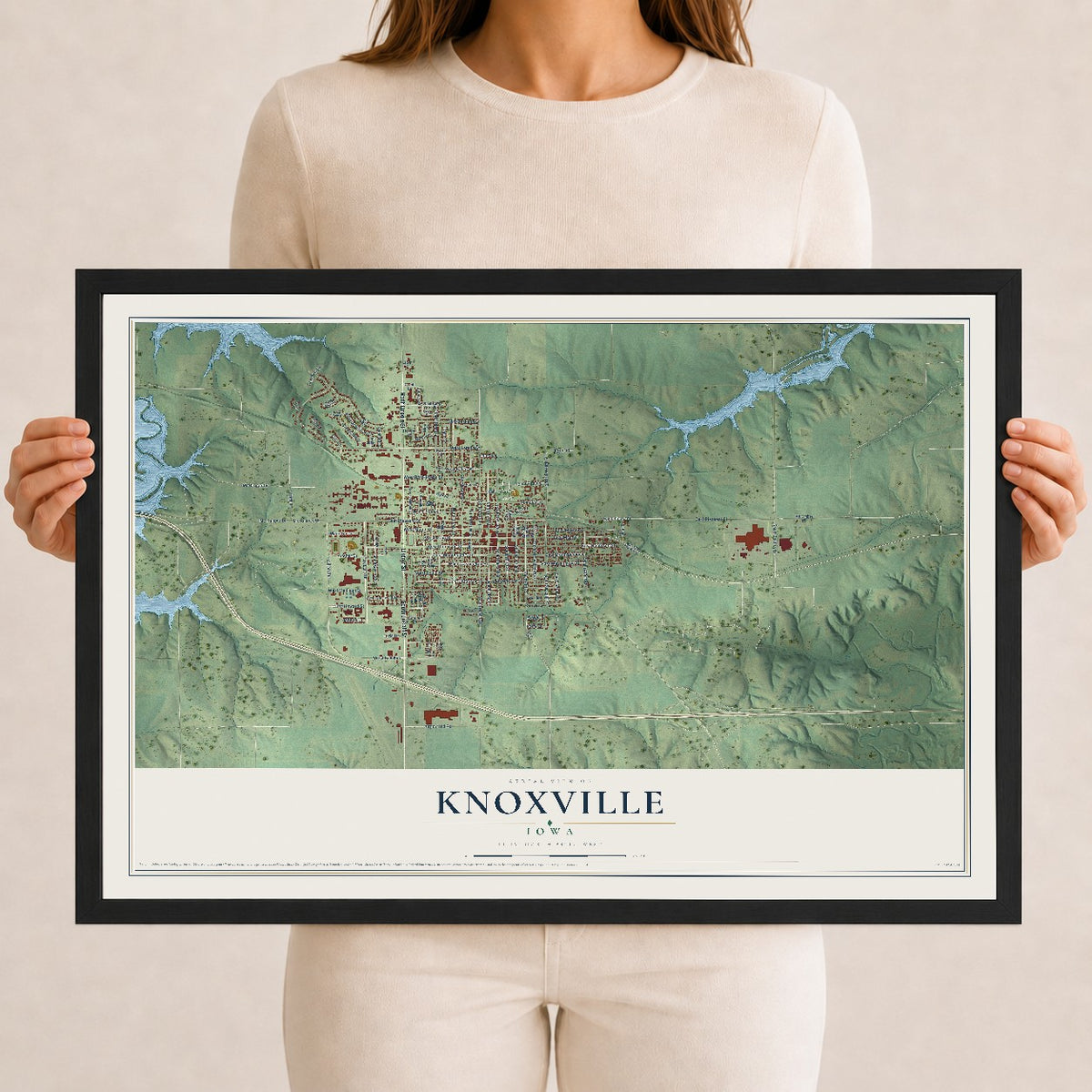 Map of Knoxville, Iowa, 12 x 18 inch print in a black wood frame