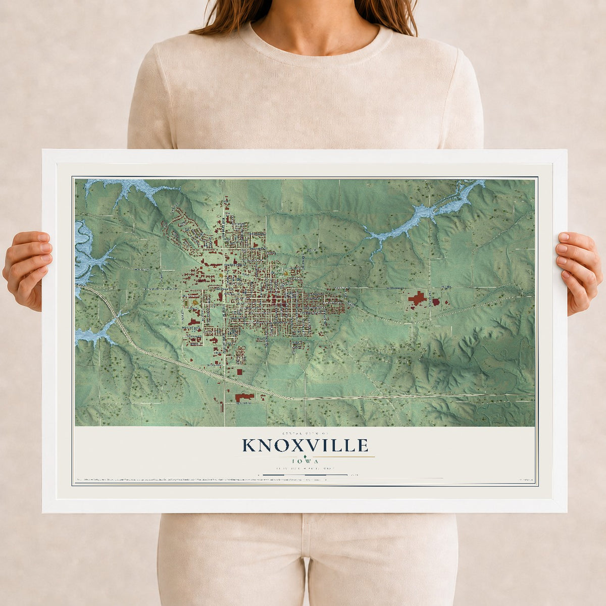 Map of Knoxville, Iowa, 12 x 18 inch print in a white wood frame