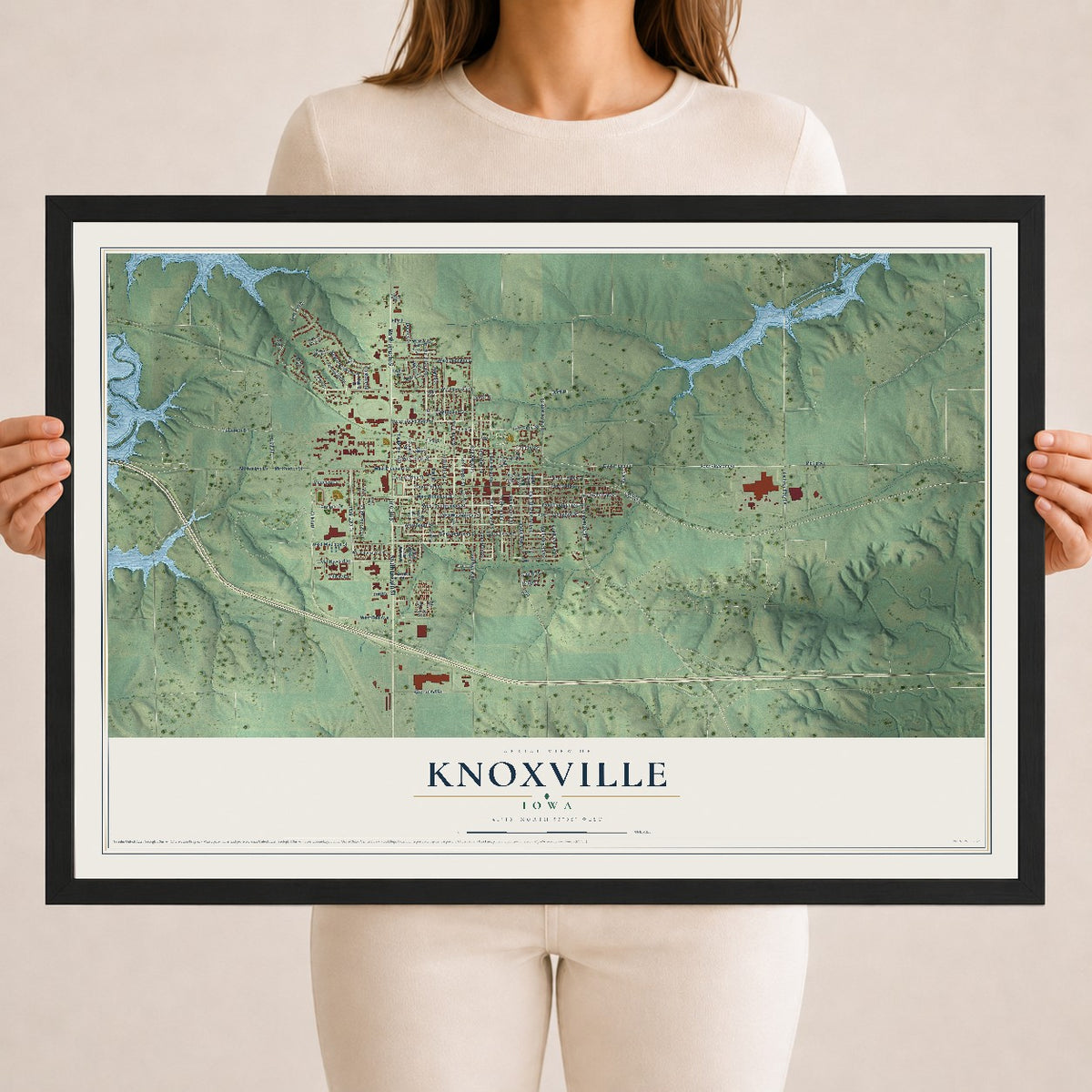 Map of Knoxville, Iowa, 18 x 24 inch print in a black wood frame