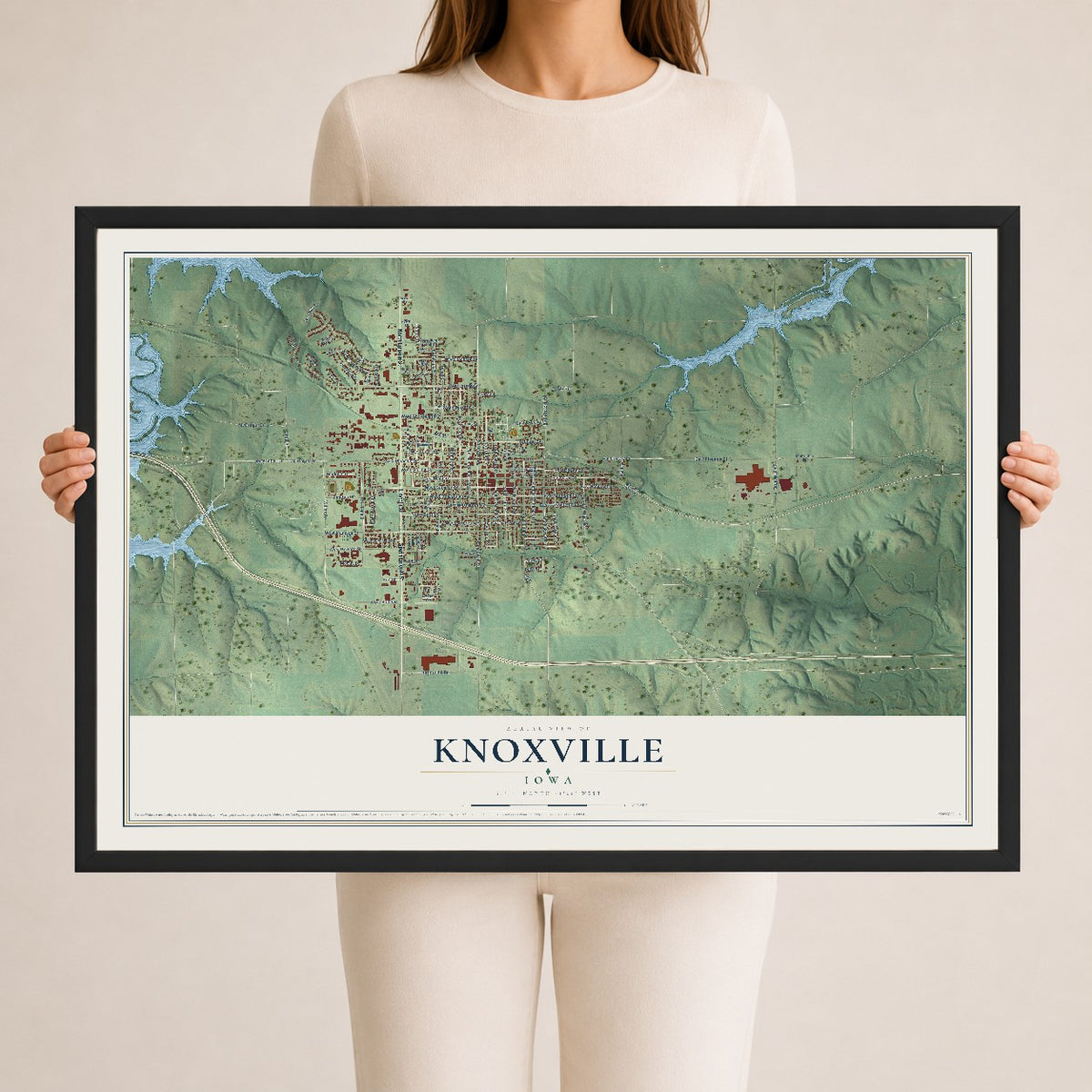 Map of Knoxville, Iowa, 24 x 36 inch print in a black wood frame