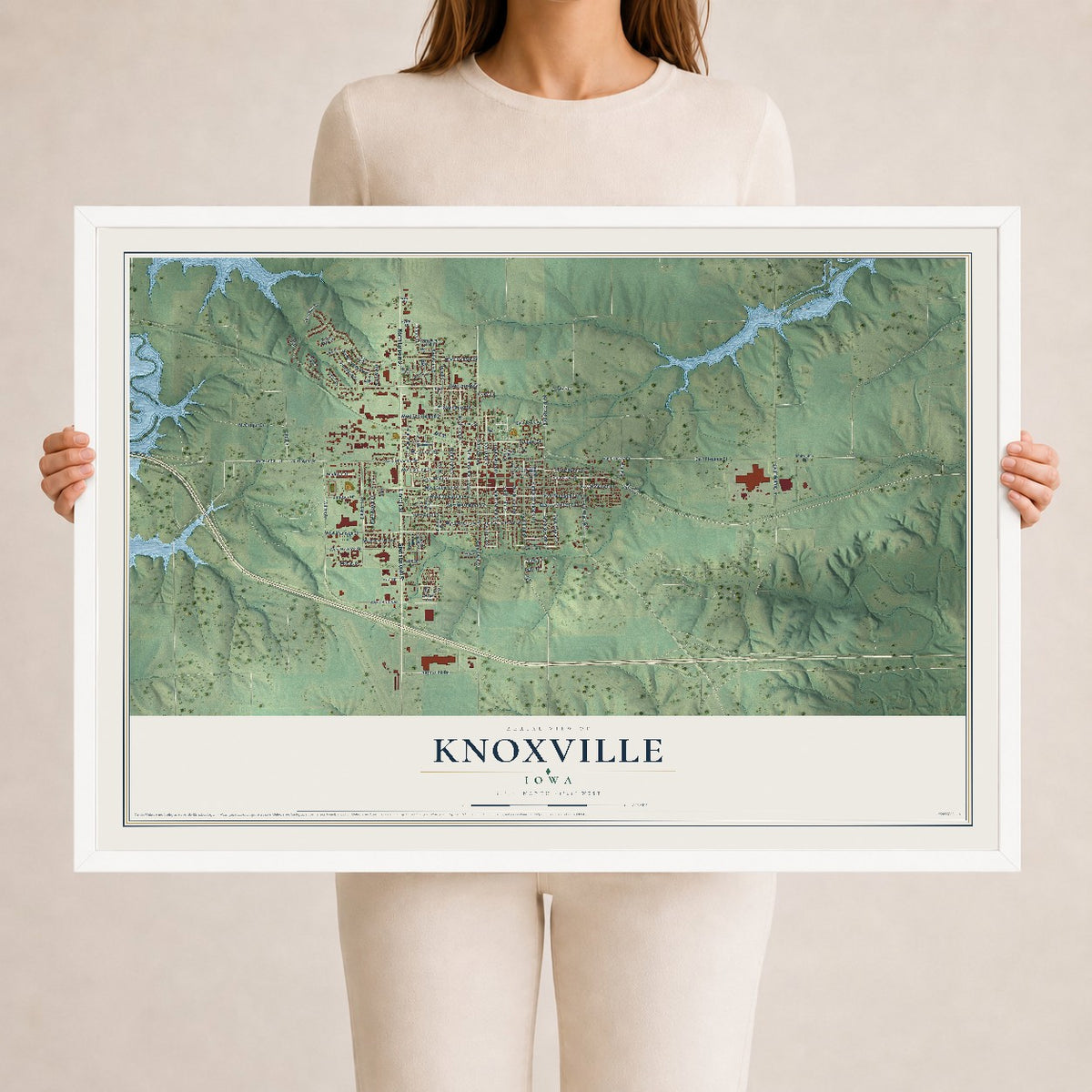 Map of Knoxville, Iowa, 24 x 36 inch print in a white wood frame