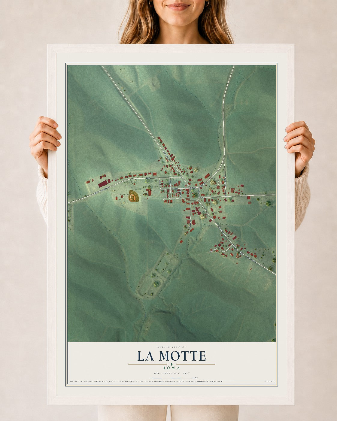 Map of La Motte, Iowa, 24 x 36 inch print in a white wood frame