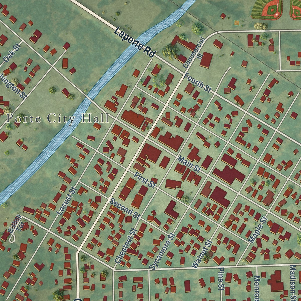 Close-up of the map of La Porte City, Iowa print showing street and building detail