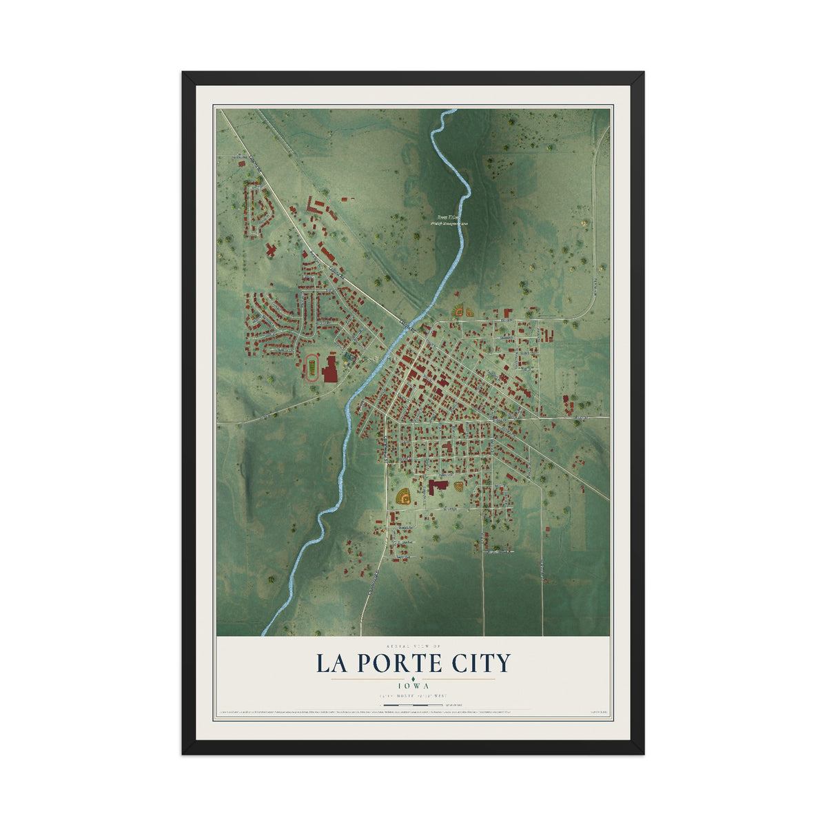 Map of La Porte City, Iowa, 12 x 18 inch print in a black wood frame