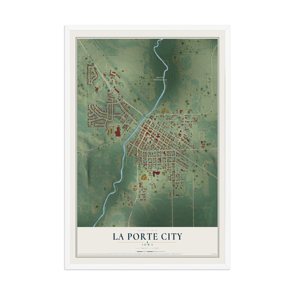 Map of La Porte City, Iowa, 12 x 18 inch print in a white wood frame