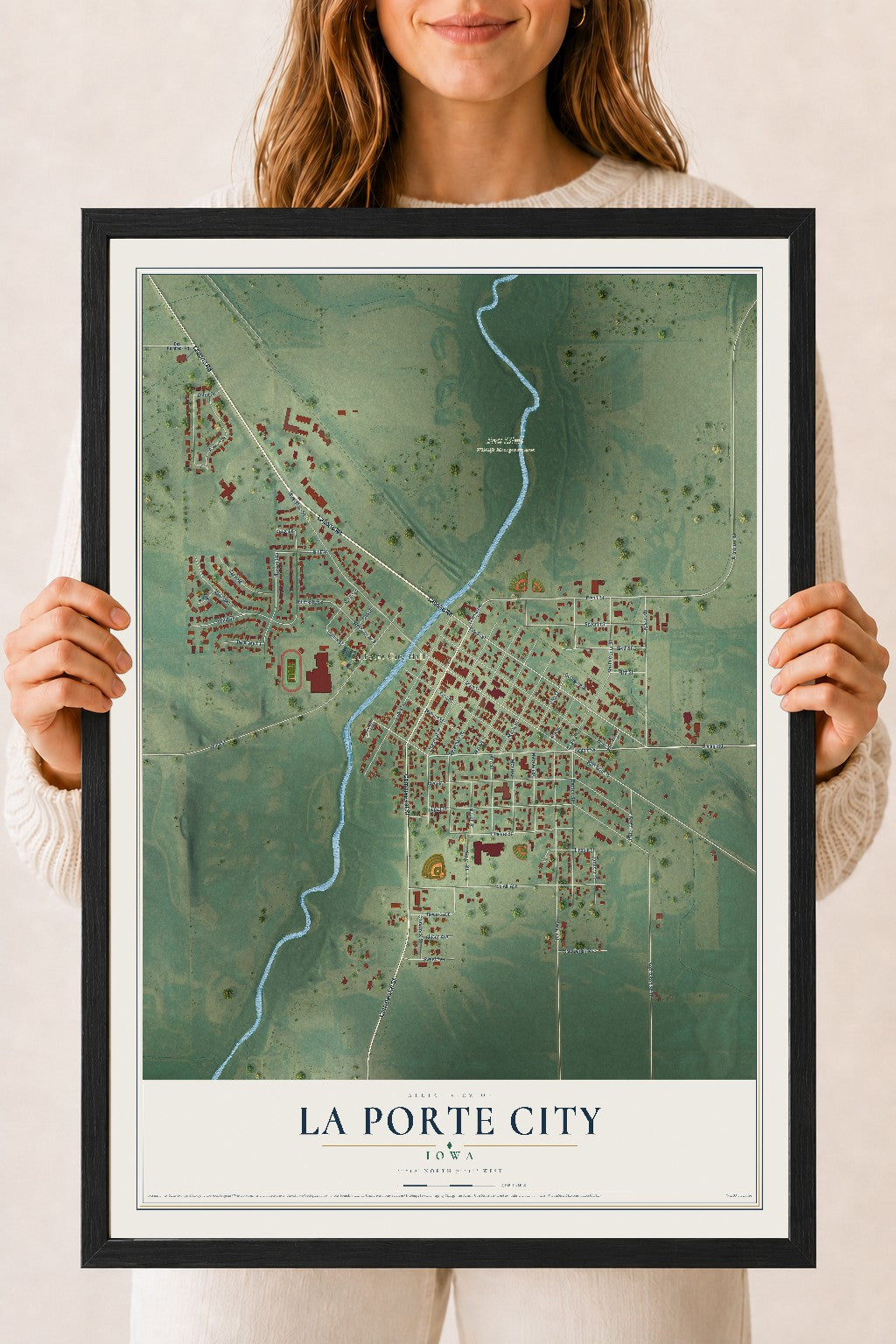 Map of La Porte City, Iowa, 18 x 24 inch print in a black wood frame