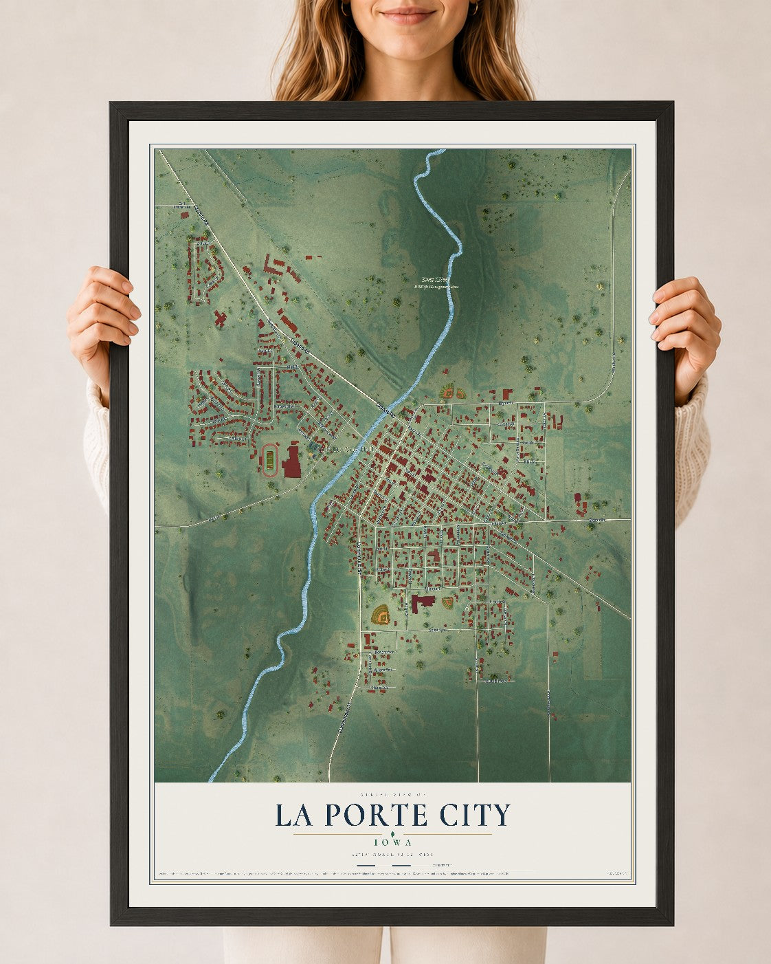 Map of La Porte City, Iowa, 24 x 36 inch print in a black wood frame