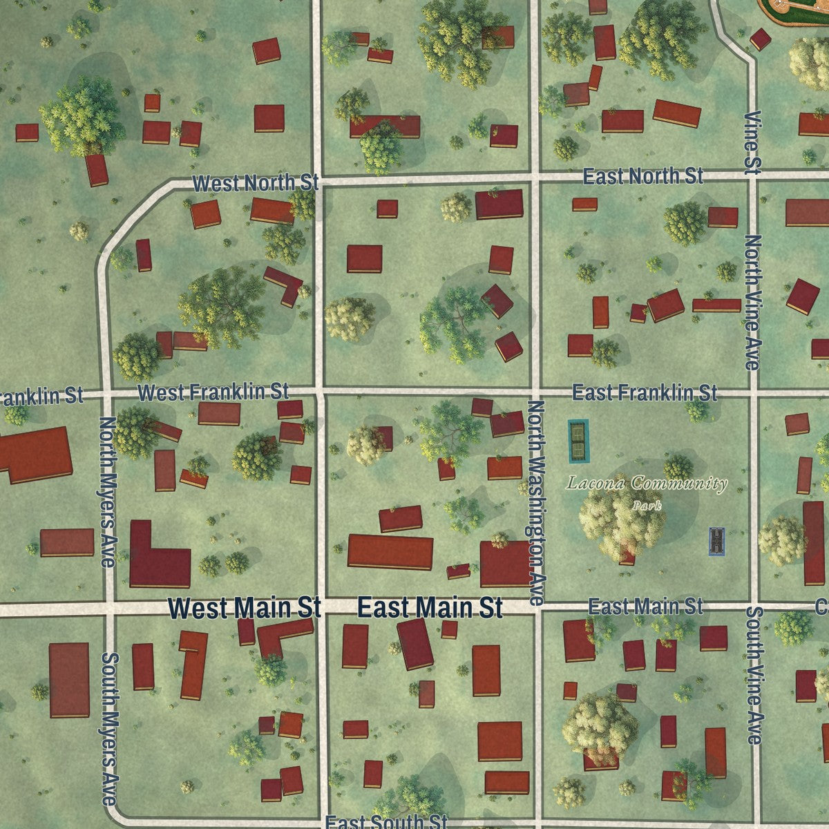 Close-up of the map of Lacona, Iowa print showing street and building detail