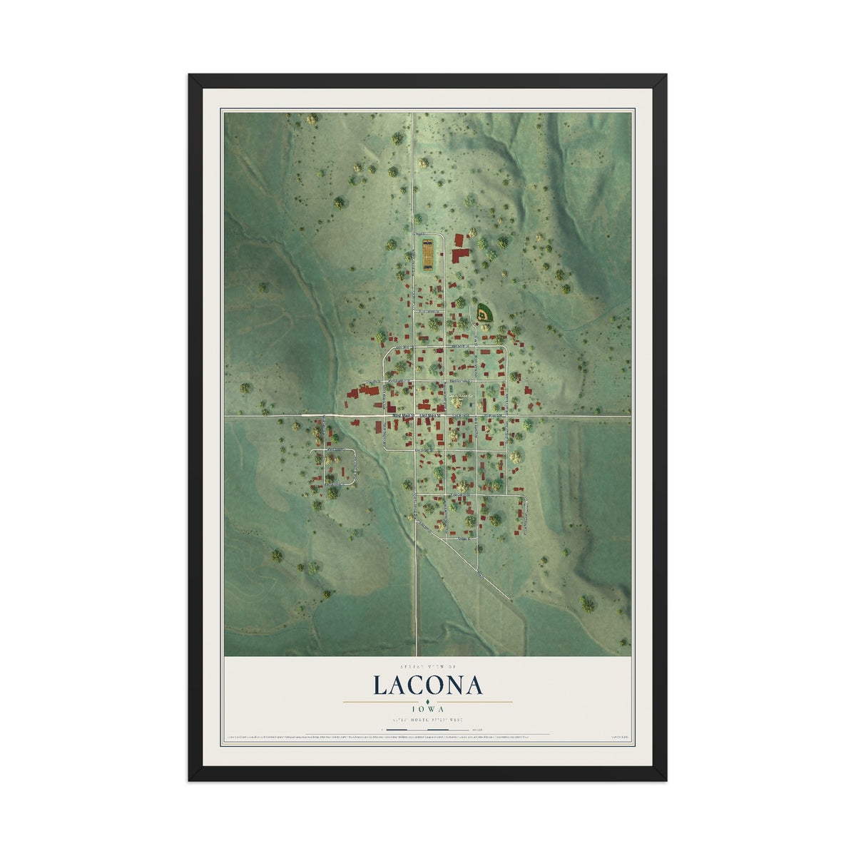 Map of Lacona, Iowa, 12 x 18 inch print in a black wood frame