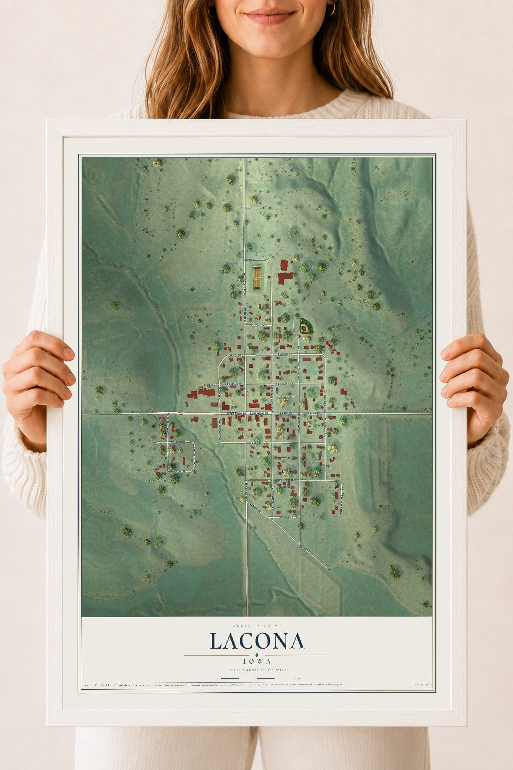 Map of Lacona, Iowa, 18 x 24 inch print in a white wood frame