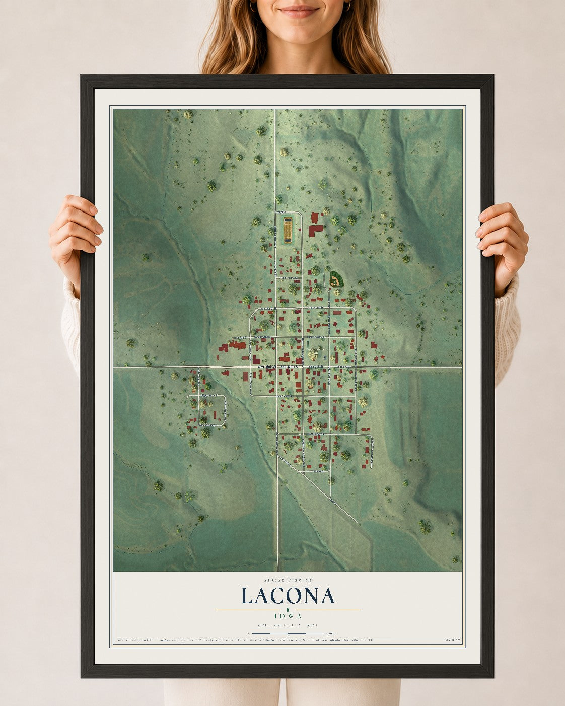 Map of Lacona, Iowa, 24 x 36 inch print in a black wood frame