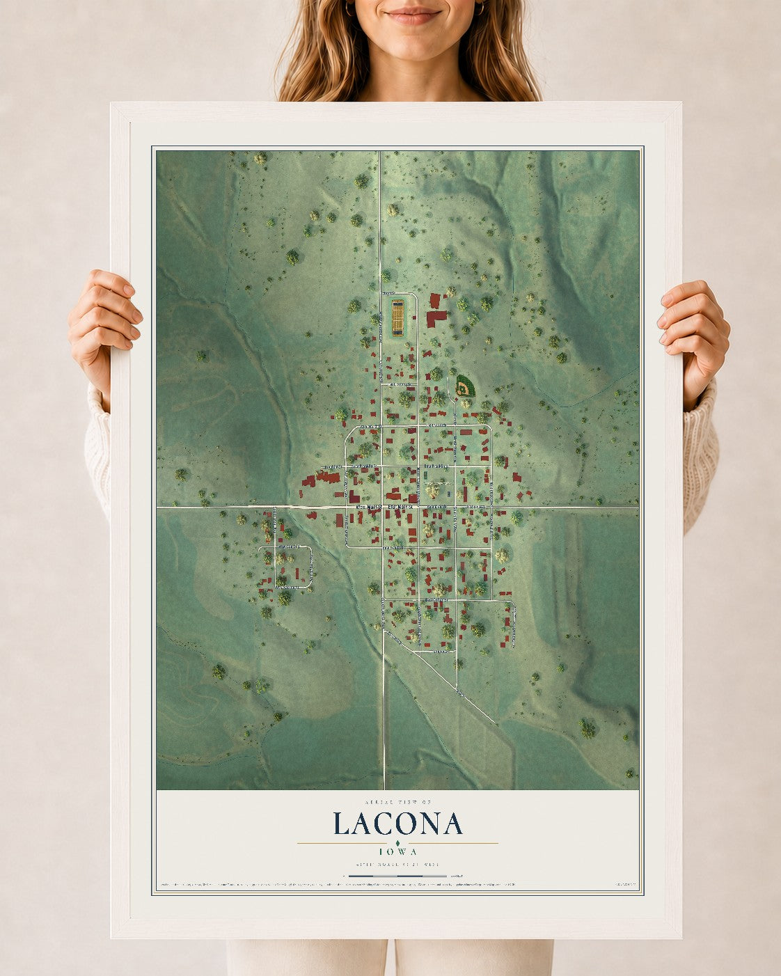Map of Lacona, Iowa, 24 x 36 inch print in a white wood frame
