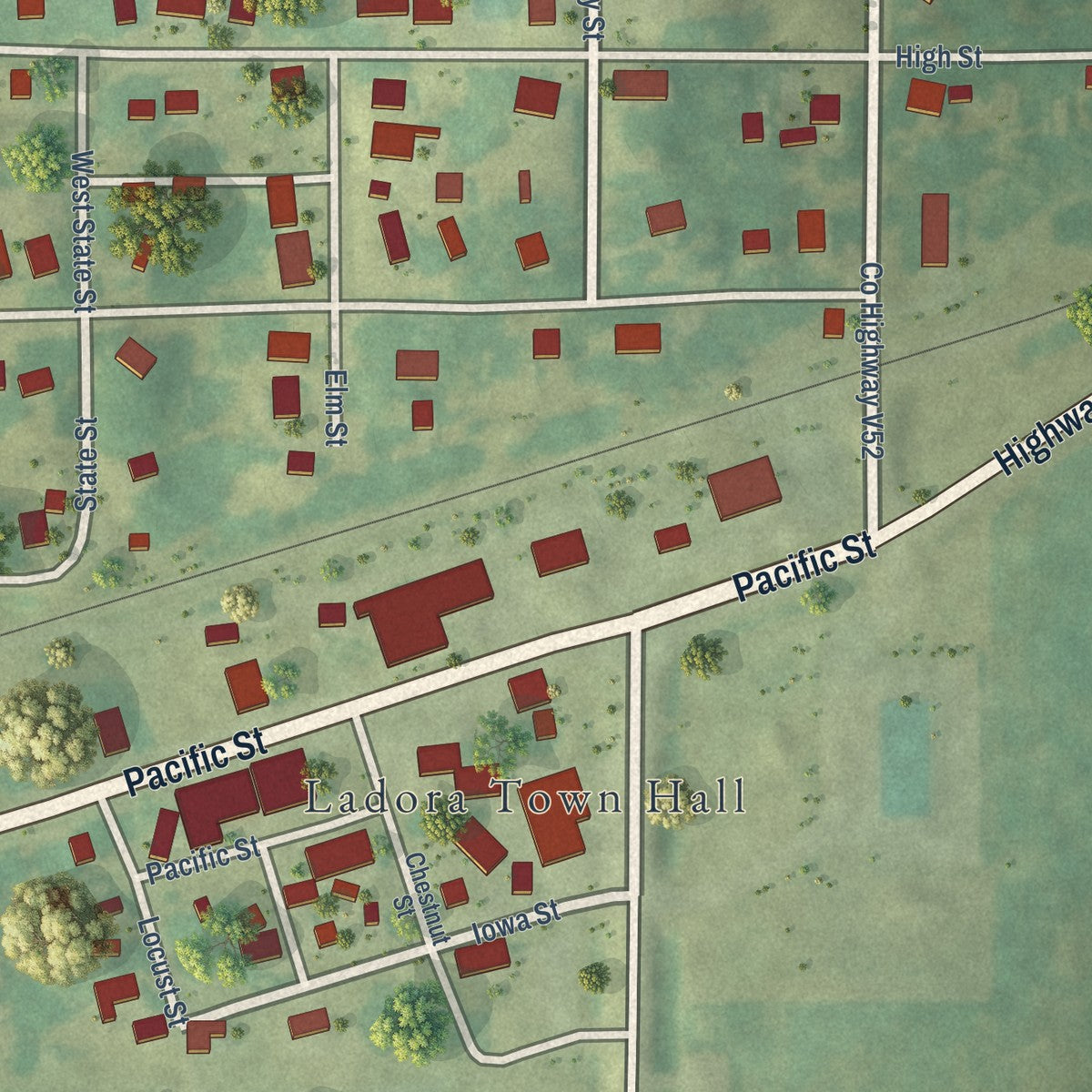 Close-up of the map of Ladora, Iowa print showing street and building detail
