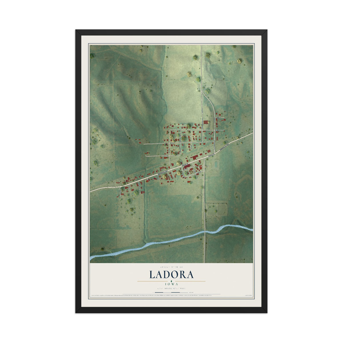 Map of Ladora, Iowa, 12 x 18 inch print in a black wood frame
