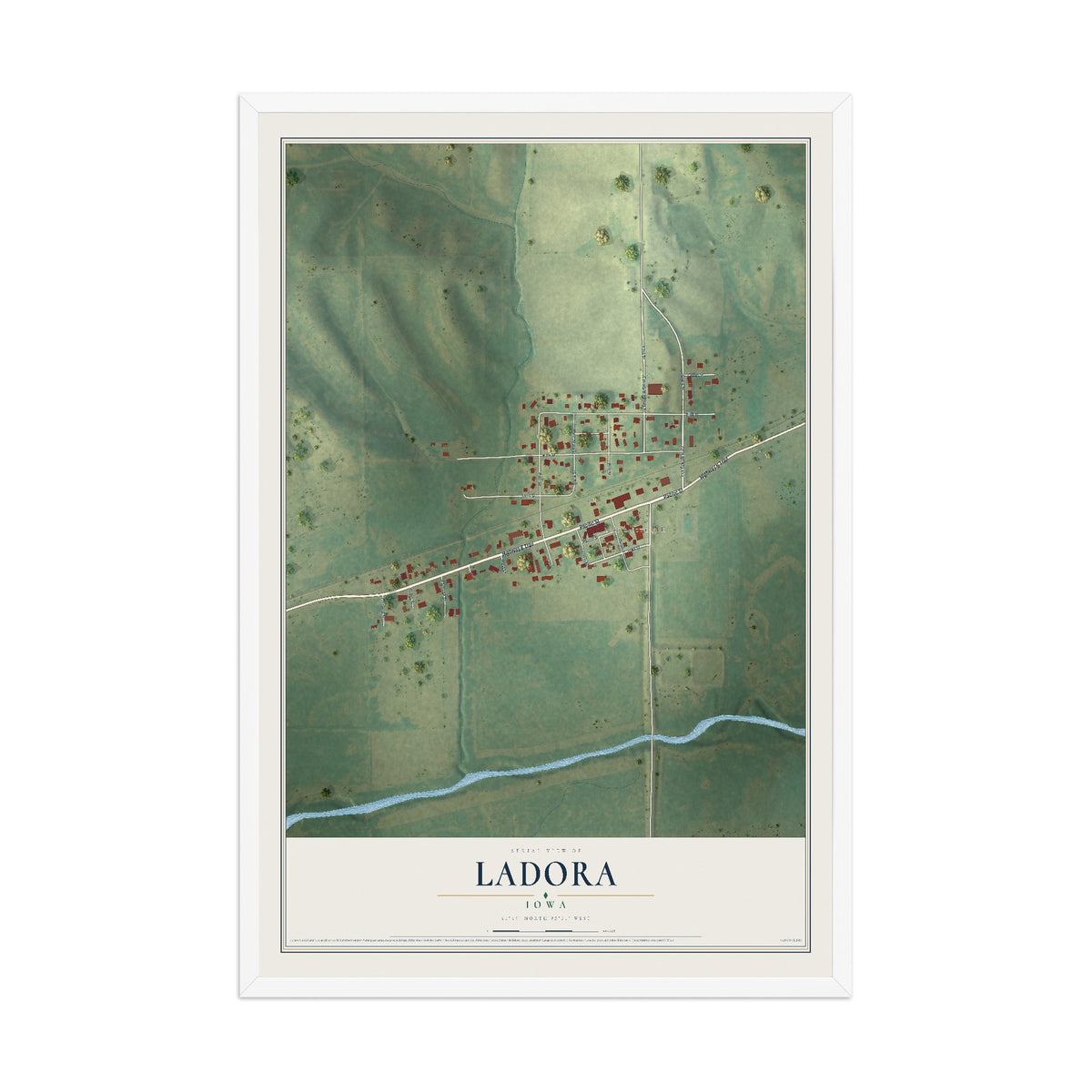 Map of Ladora, Iowa, 12 x 18 inch print in a white wood frame
