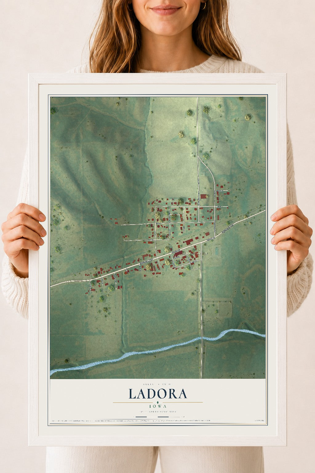 Map of Ladora, Iowa, 18 x 24 inch print in a white wood frame