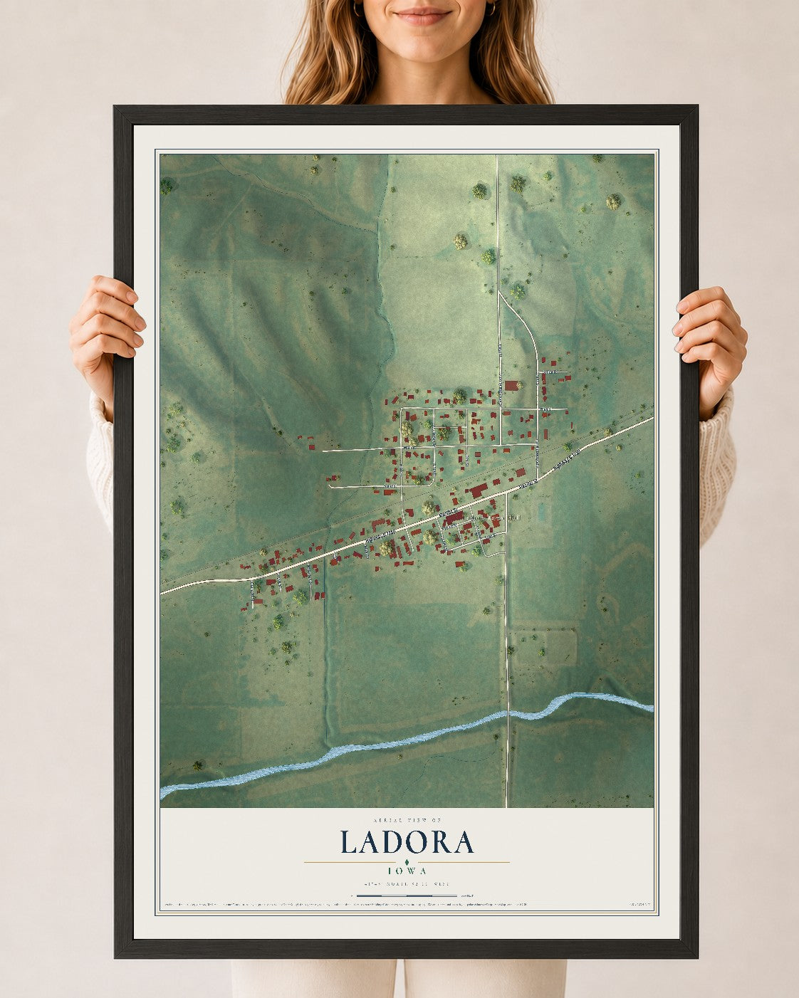 Map of Ladora, Iowa, 24 x 36 inch print in a black wood frame