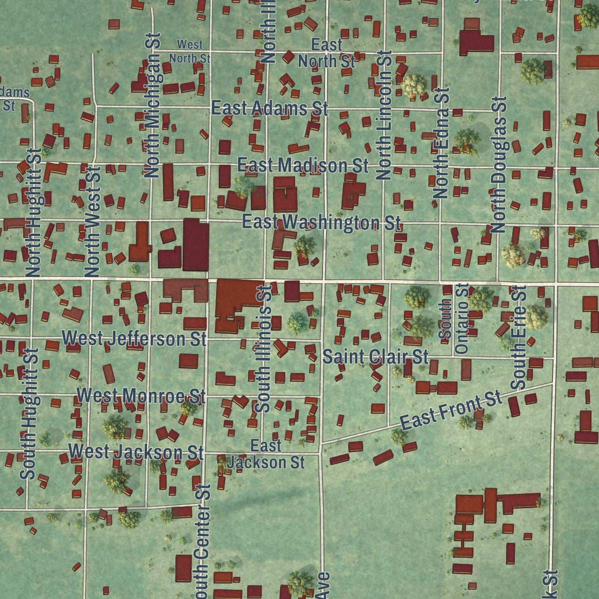 Close-up of the map of Lake City, Iowa print showing street and building detail