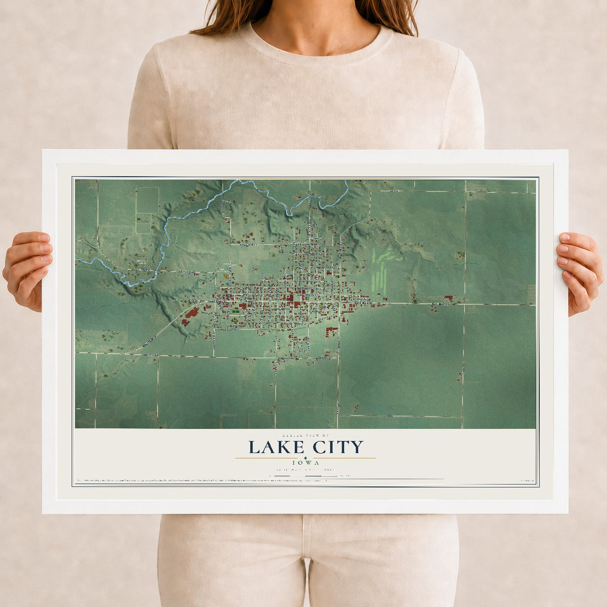 Map of Lake City, Iowa, 12 x 18 inch print in a white wood frame