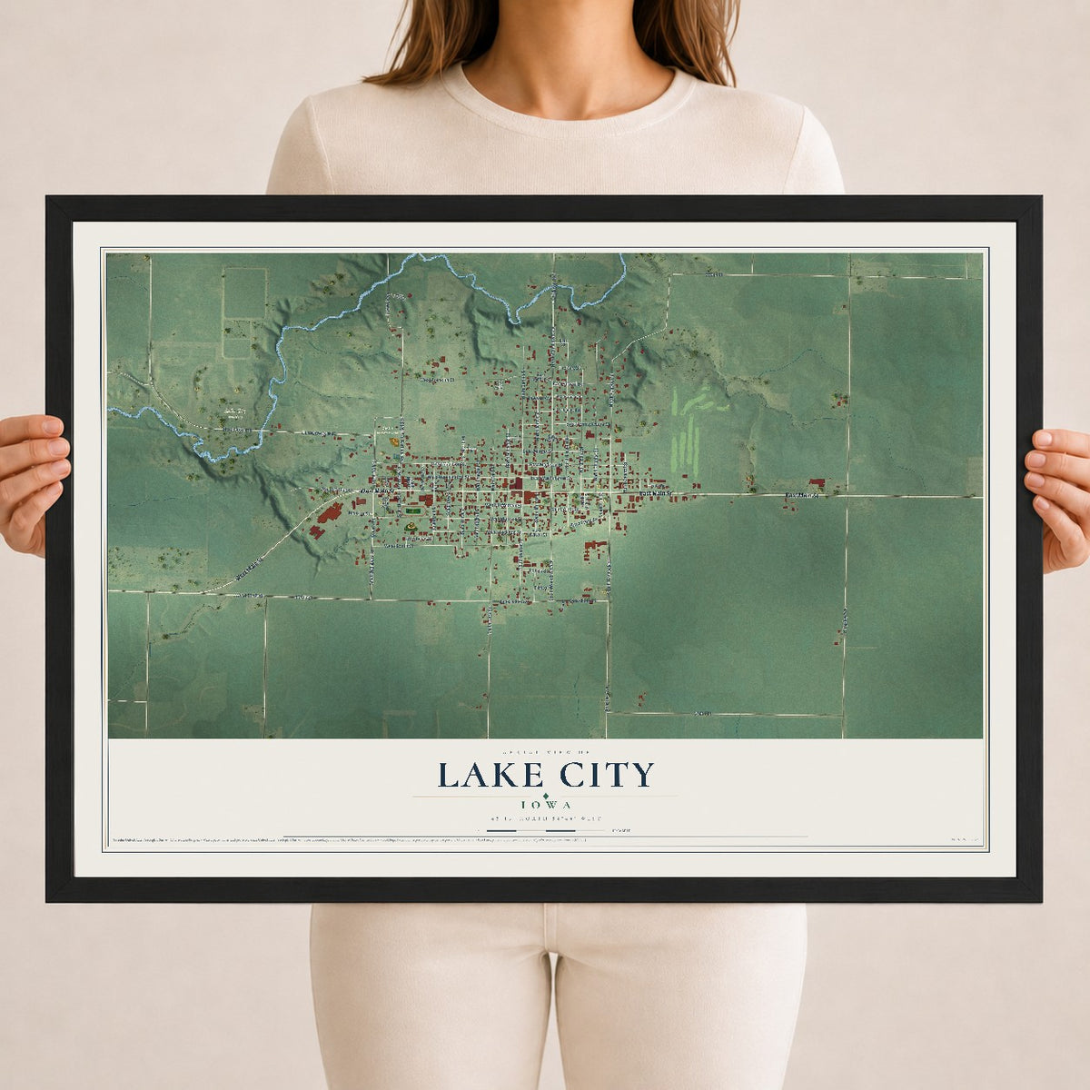 Map of Lake City, Iowa, 18 x 24 inch print in a black wood frame