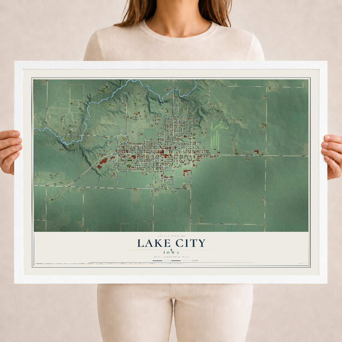 Map of Lake City, Iowa, 18 x 24 inch print in a white wood frame