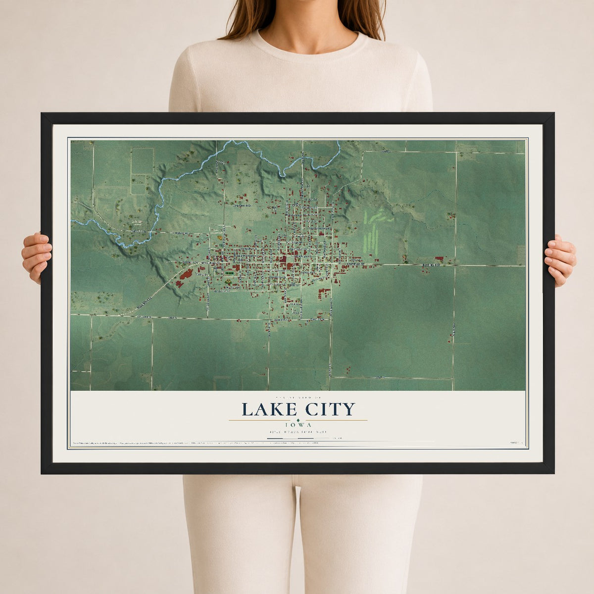 Map of Lake City, Iowa, 24 x 36 inch print in a black wood frame