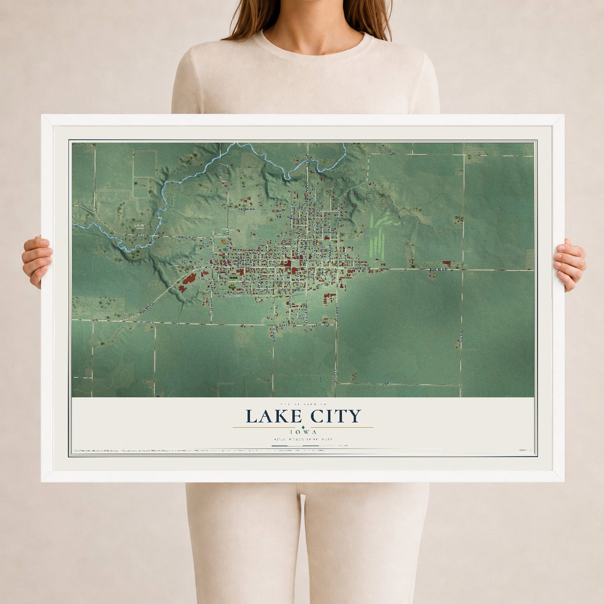 Map of Lake City, Iowa, 24 x 36 inch print in a white wood frame