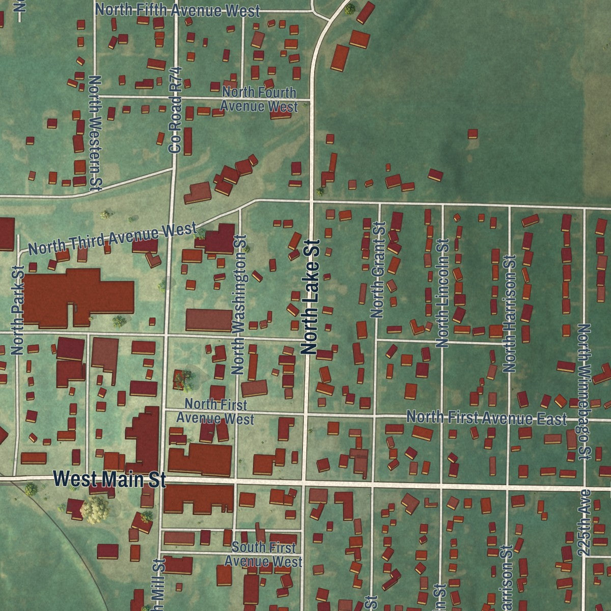 Close-up of the map of Lake Mills, Iowa print showing street and building detail