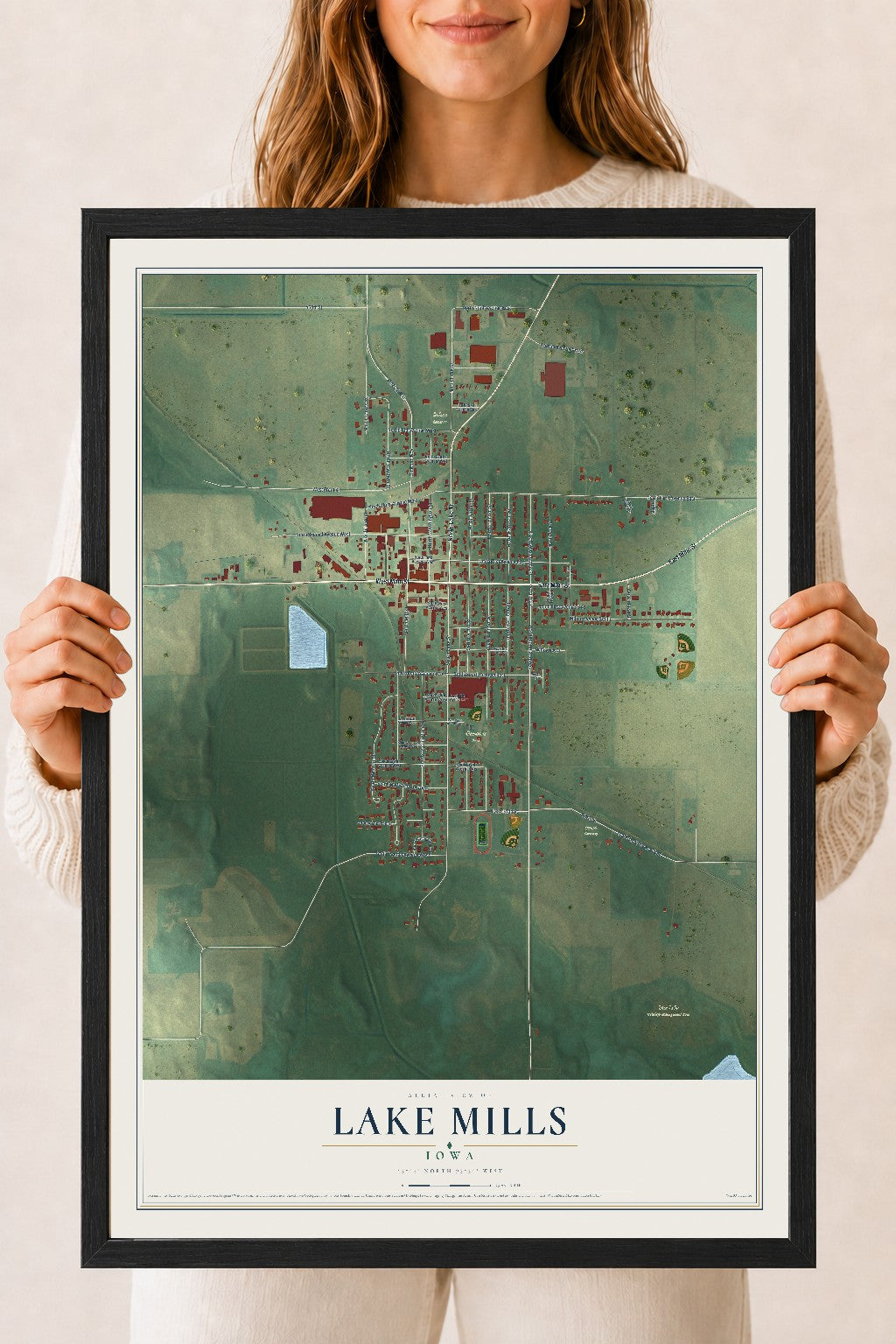 Map of Lake Mills, Iowa, 18 x 24 inch print in a black wood frame