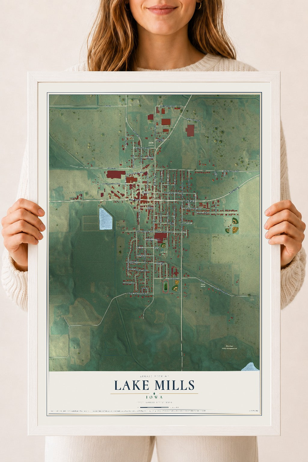 Map of Lake Mills, Iowa, 18 x 24 inch print in a white wood frame