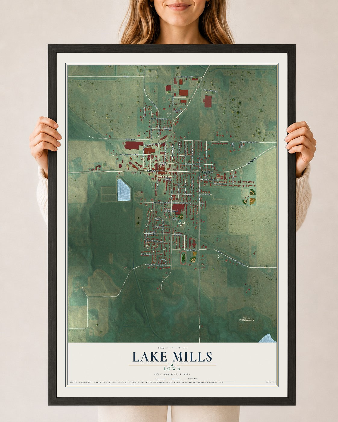 Map of Lake Mills, Iowa, 24 x 36 inch print in a black wood frame