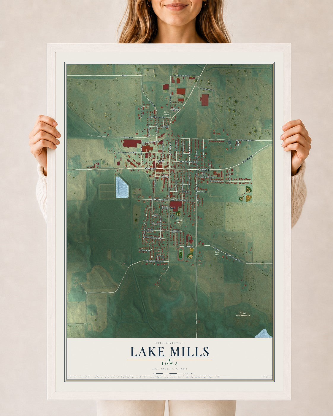 Map of Lake Mills, Iowa, 24 x 36 inch print in a white wood frame