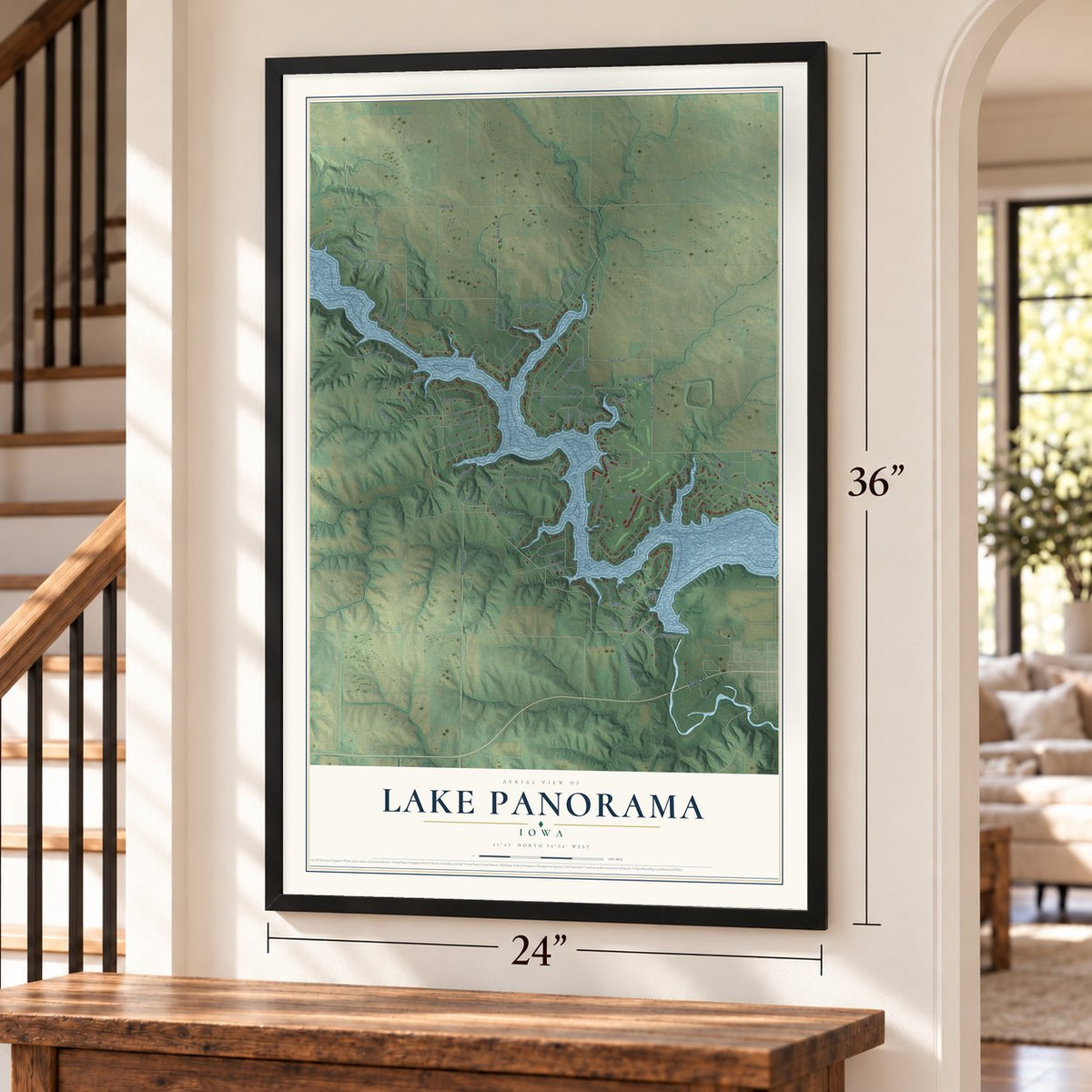 Lake Panorama, Iowa map, 24 x 36 inch print in a black frame by a staircase