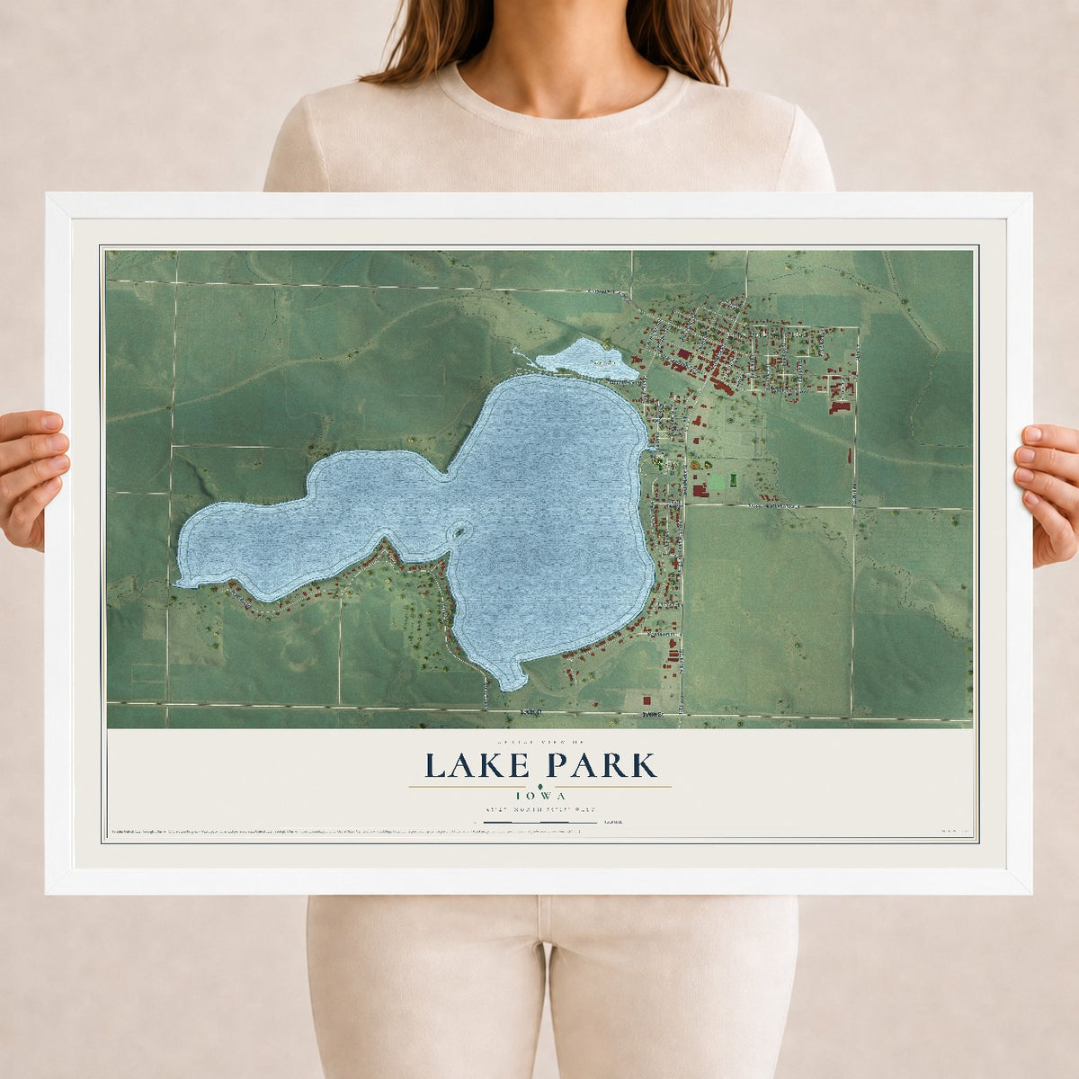Map of Lake Park, Iowa, 18 x 24 inch print in a white wood frame