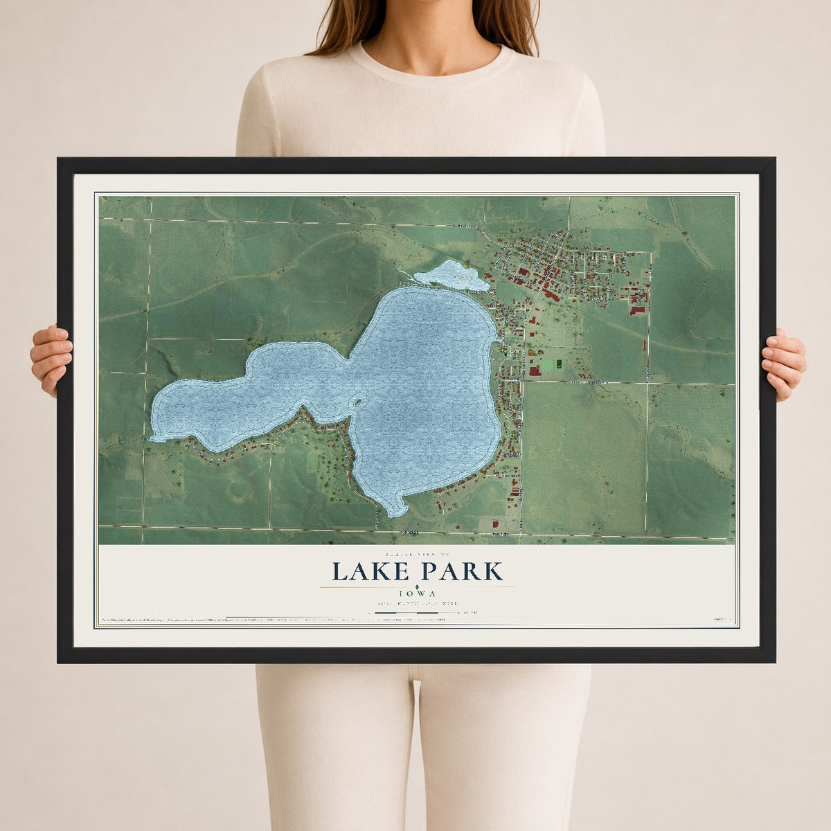 Map of Lake Park, Iowa, 24 x 36 inch print in a black wood frame