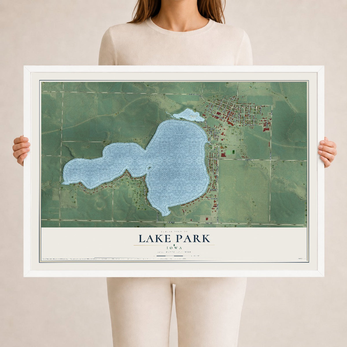Map of Lake Park, Iowa, 24 x 36 inch print in a white wood frame