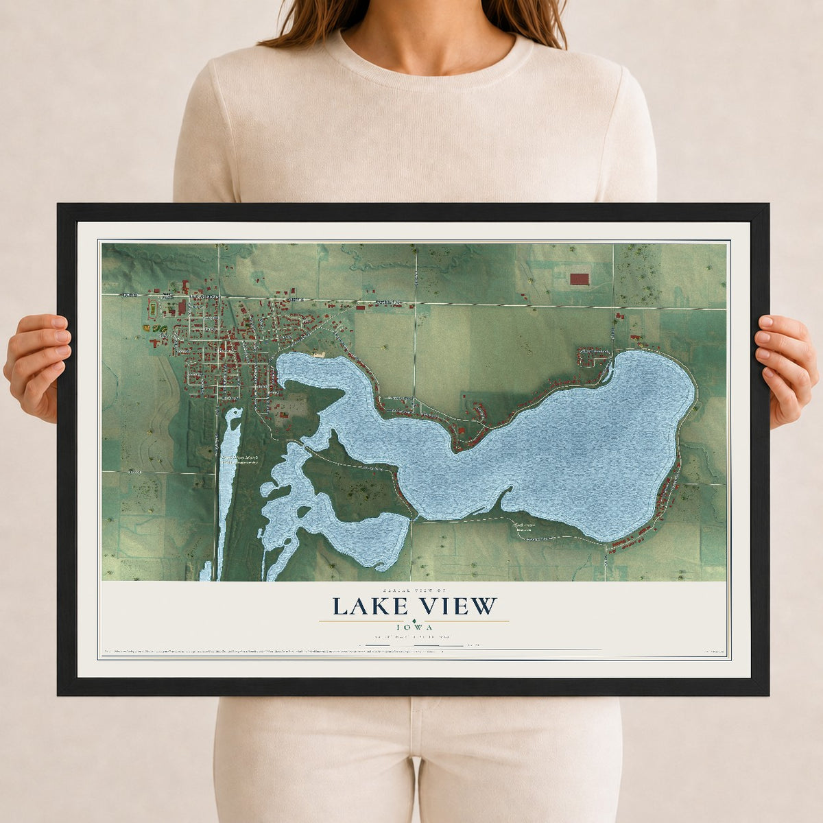 Map of Lake View, Iowa, 12 x 18 inch print in a black wood frame