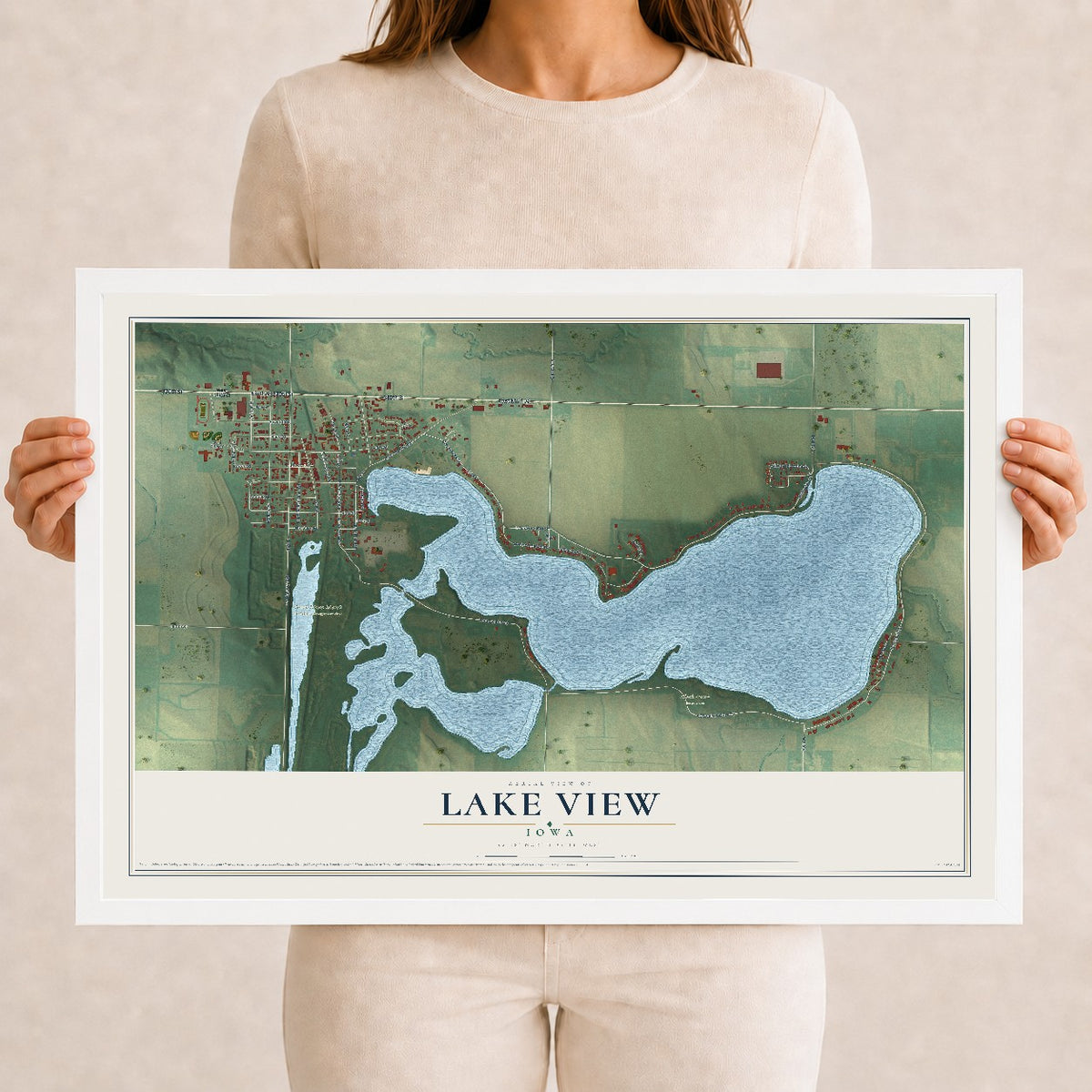 Map of Lake View, Iowa, 12 x 18 inch print in a white wood frame