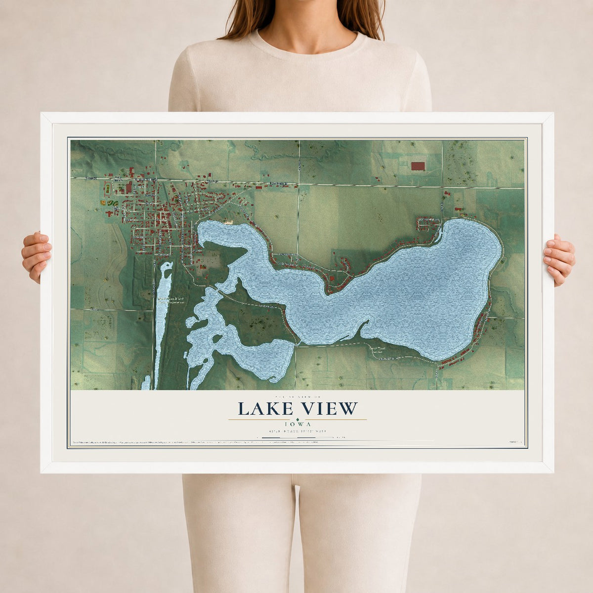 Map of Lake View, Iowa, 24 x 36 inch print in a white wood frame