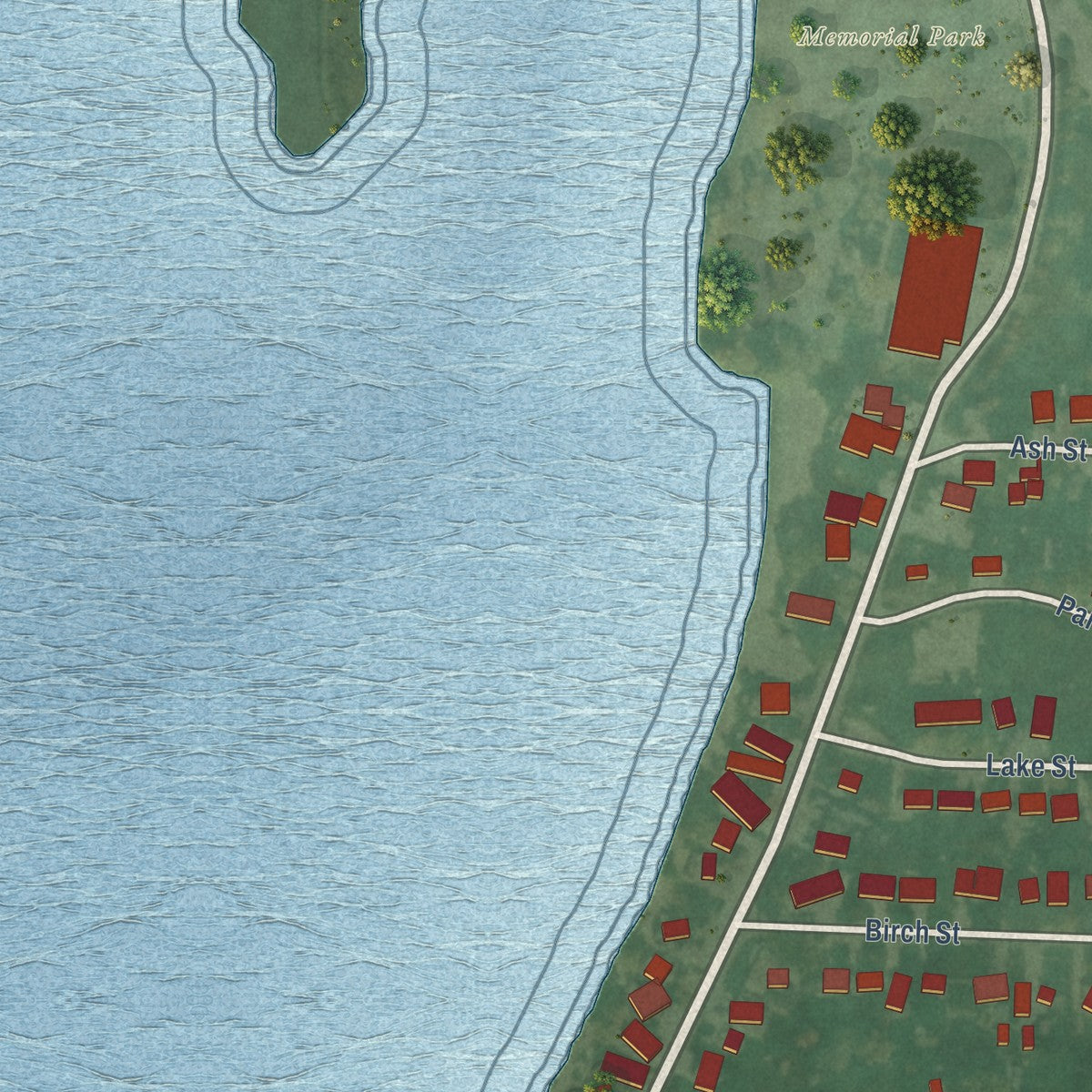 Close-up of the map of Lakeside, Iowa print showing street and building detail