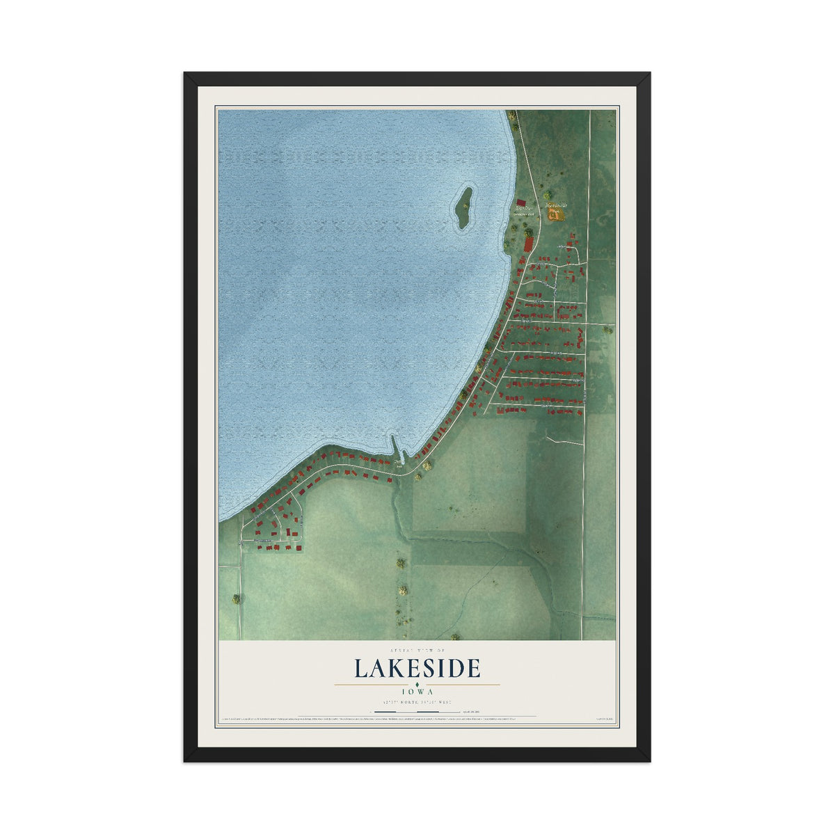Map of Lakeside, Iowa, 12 x 18 inch print in a black wood frame