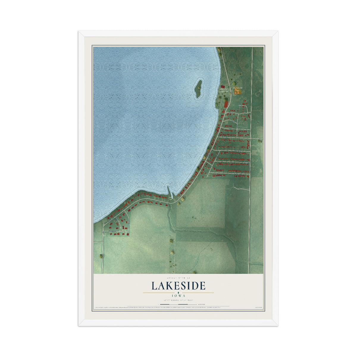 Map of Lakeside, Iowa, 12 x 18 inch print in a white wood frame