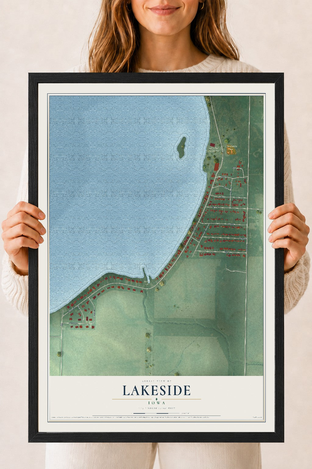 Map of Lakeside, Iowa, 18 x 24 inch print in a black wood frame