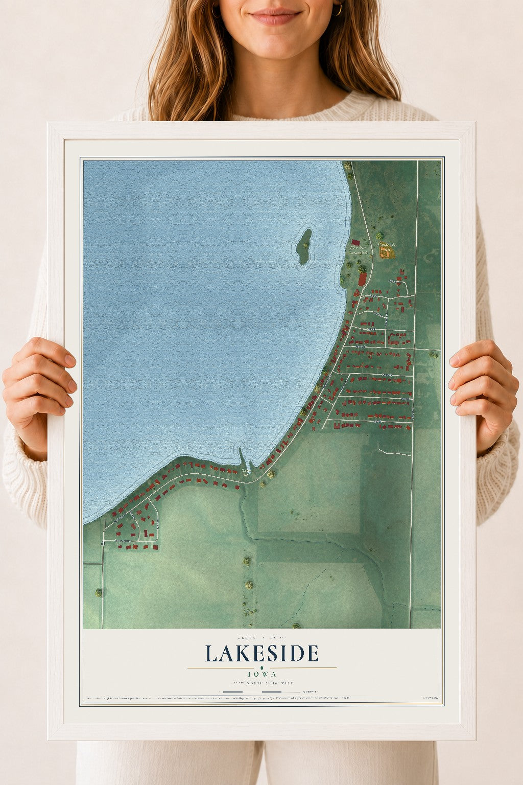Map of Lakeside, Iowa, 18 x 24 inch print in a white wood frame